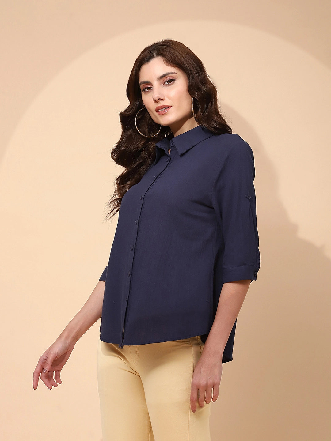 Navy Blue Cotton Regular Fit Shirt For Women