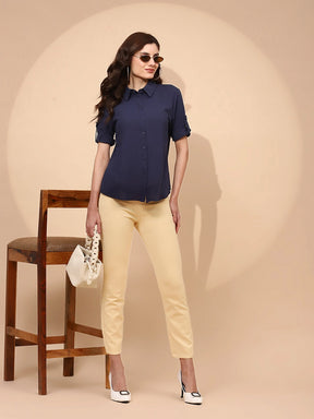 Navy Blue Cotton Regular Fit Shirt For Women