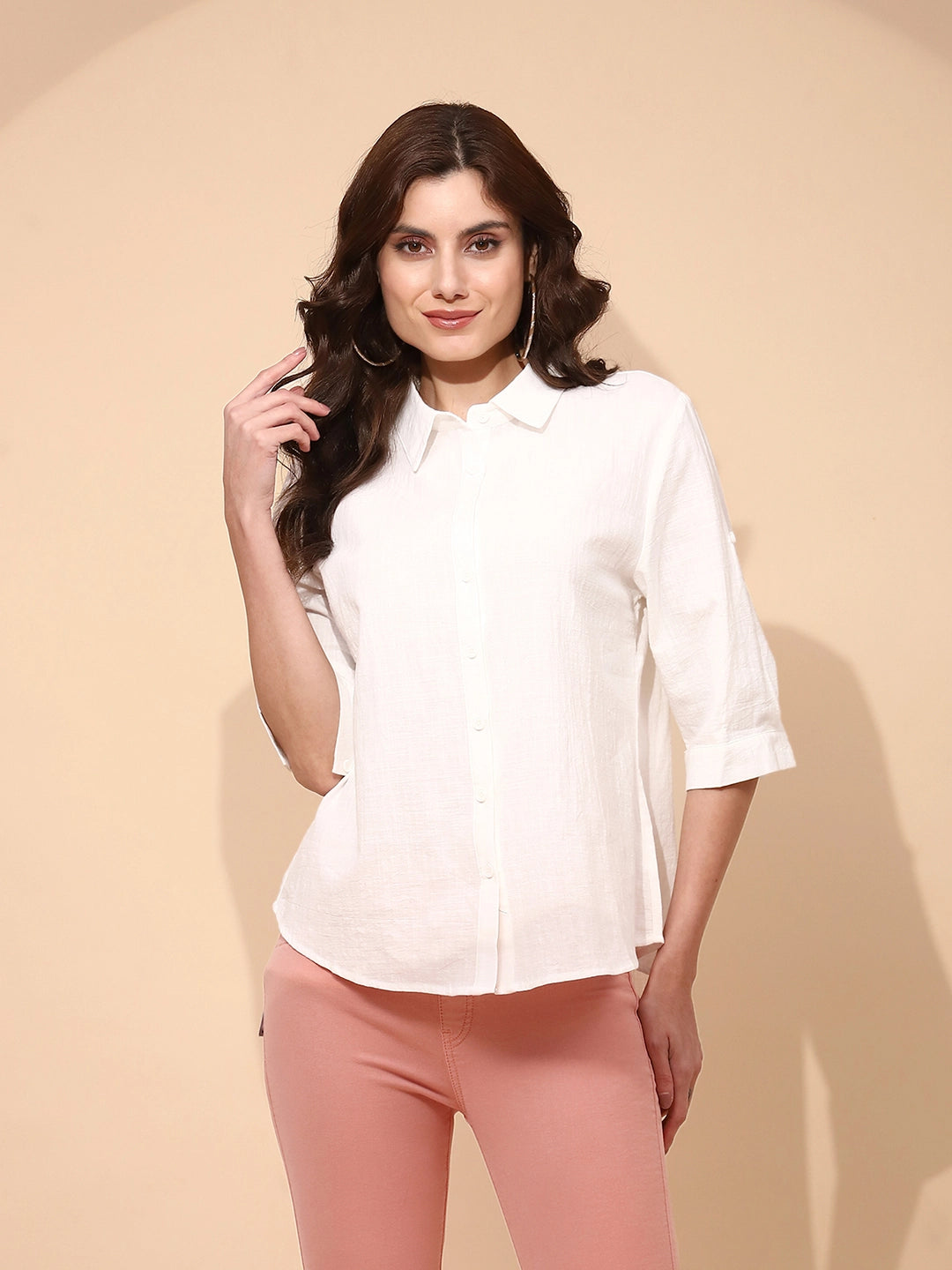 White Cotton Blend Regular Fit Shirt For Women