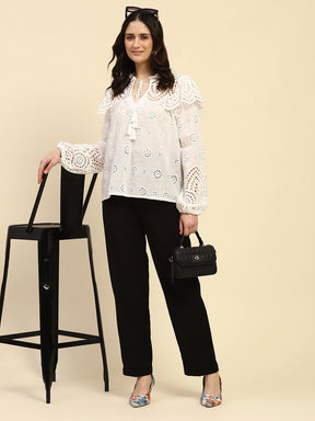 White Schiffli Embroidery Cotton Loose Fit Blouson Top