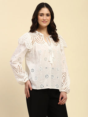 White Schiffli Embroidery Cotton Loose Fit Blouson Top