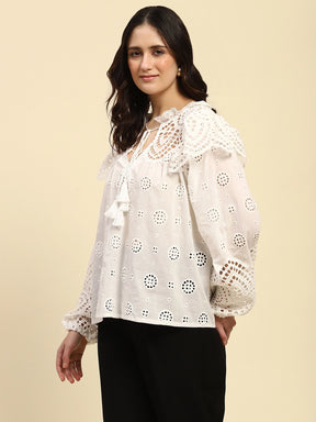 White Schiffli Embroidery Cotton Loose Fit Blouson Top