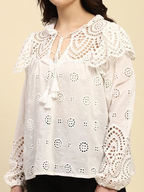 White Schiffli Embroidery Cotton Loose Fit Blouson Top