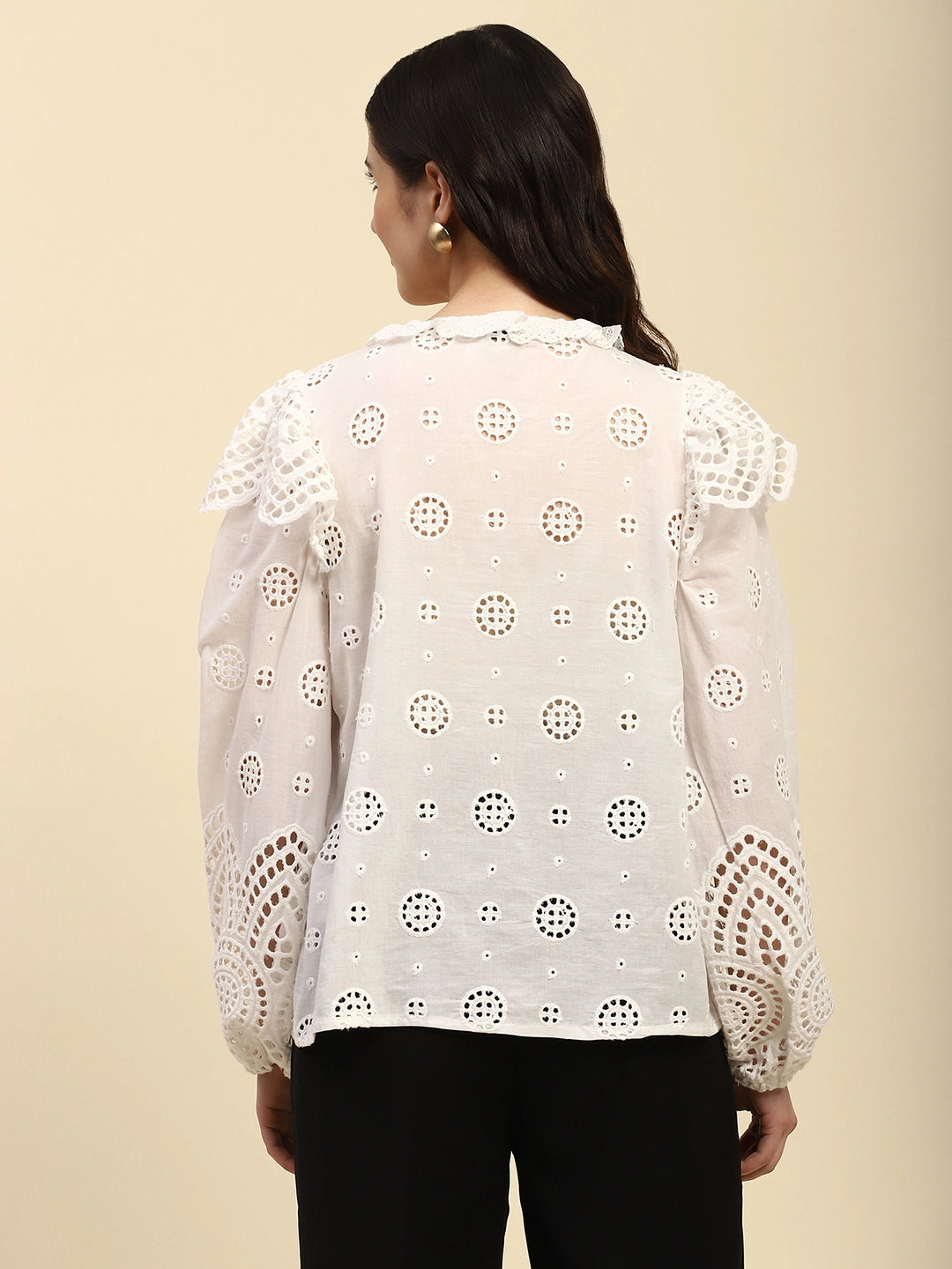 White Schiffli Embroidery Cotton Loose Fit Blouson Top