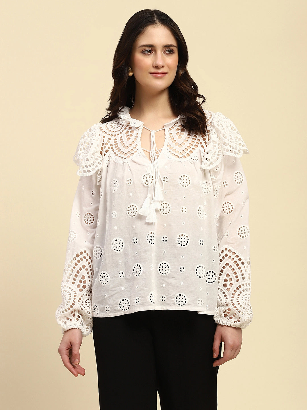 White Schiffli Embroidery Cotton Loose Fit Blouson Top