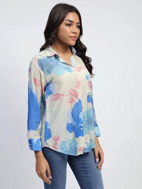 Blue Water Color Floral Print Rayon Blend Relaxed Fit Shirt