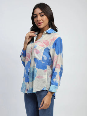 Blue Water Color Floral Print Rayon Blend Relaxed Fit Shirt