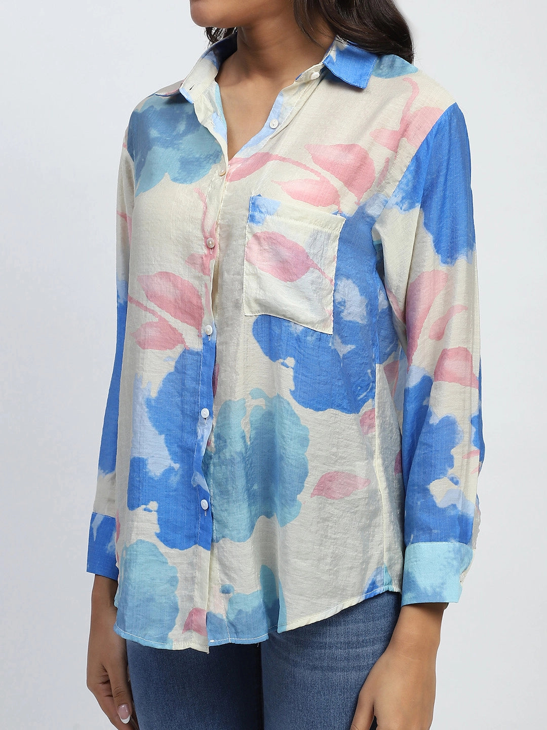 Blue Water Color Floral Print Rayon Blend Relaxed Fit Shirt