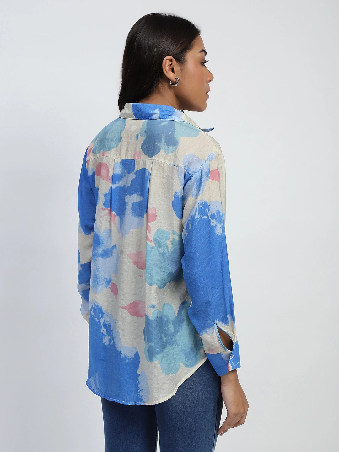 Blue Water Color Floral Print Rayon Blend Relaxed Fit Shirt