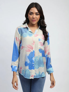 Blue Water Color Floral Print Rayon Blend Relaxed Fit Shirt