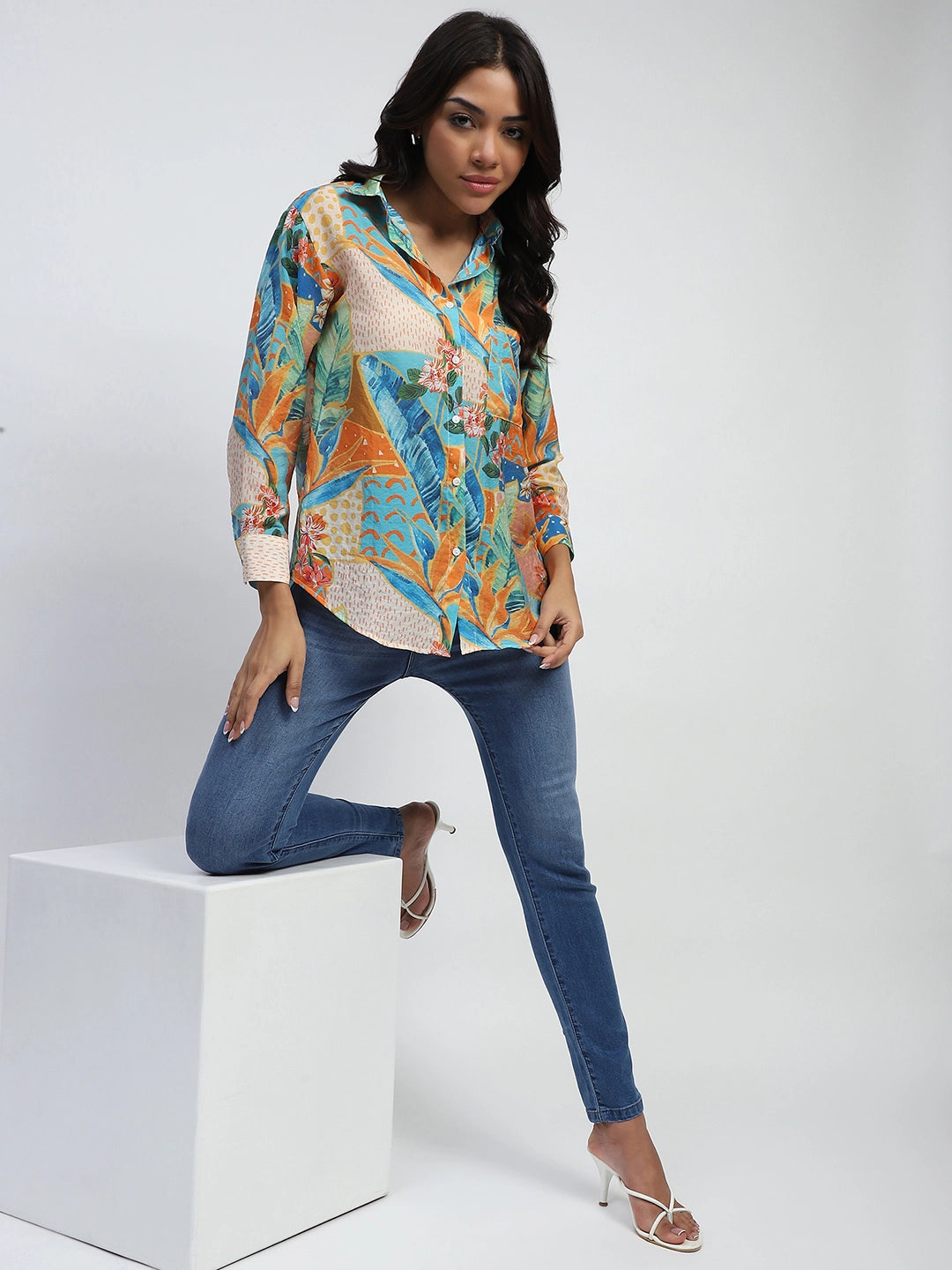 Green And Orange Tropical Print Rayon Blend Relaxed Fit Shirt