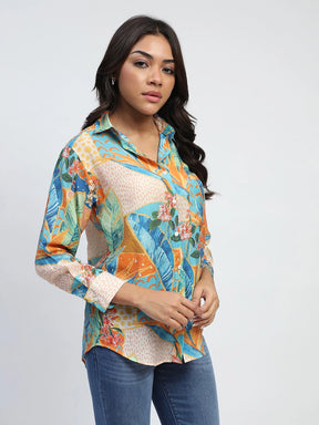 Green And Orange Tropical Print Rayon Blend Relaxed Fit Shirt