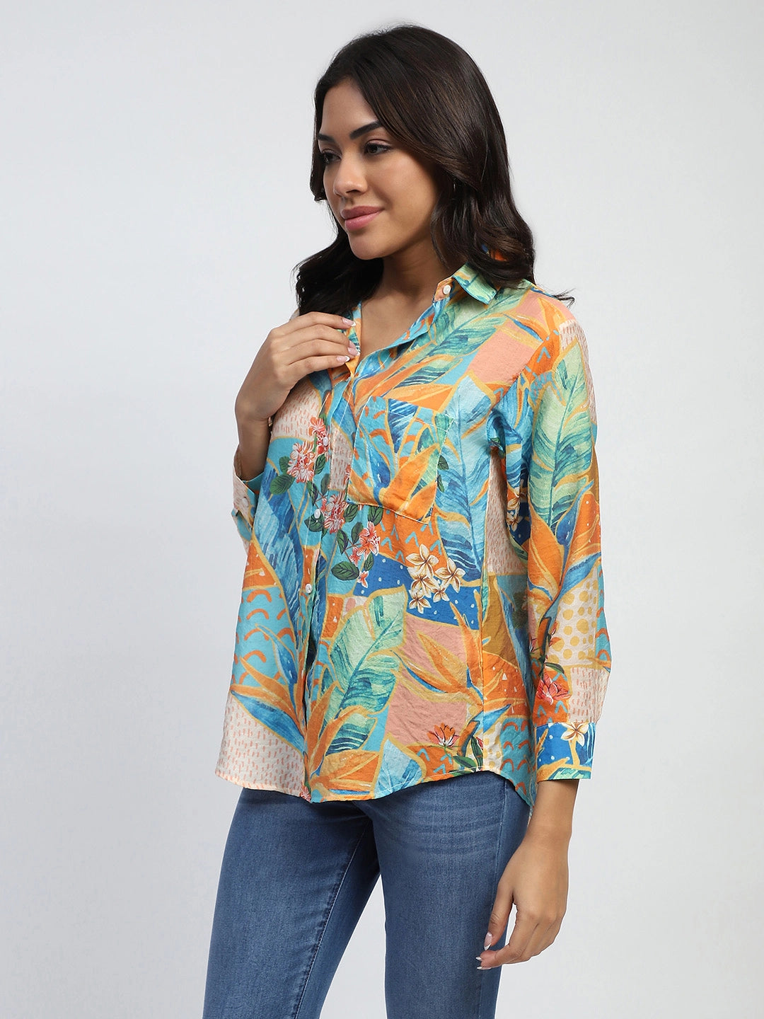 Green And Orange Tropical Print Rayon Blend Relaxed Fit Shirt