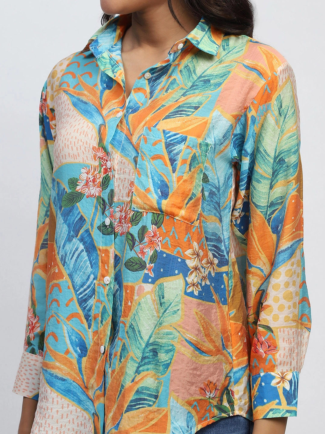 Green And Orange Tropical Print Rayon Blend Relaxed Fit Shirt