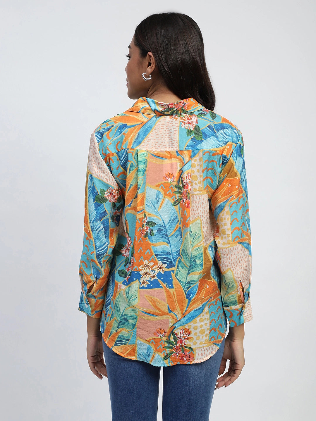 Green And Orange Tropical Print Rayon Blend Relaxed Fit Shirt