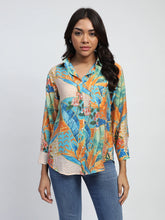 Green And Orange Tropical Print Rayon Blend Relaxed Fit Shirt