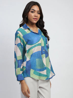 Multi-Blue Abstract Print Rayon Blend Relaxed Fit Shirt