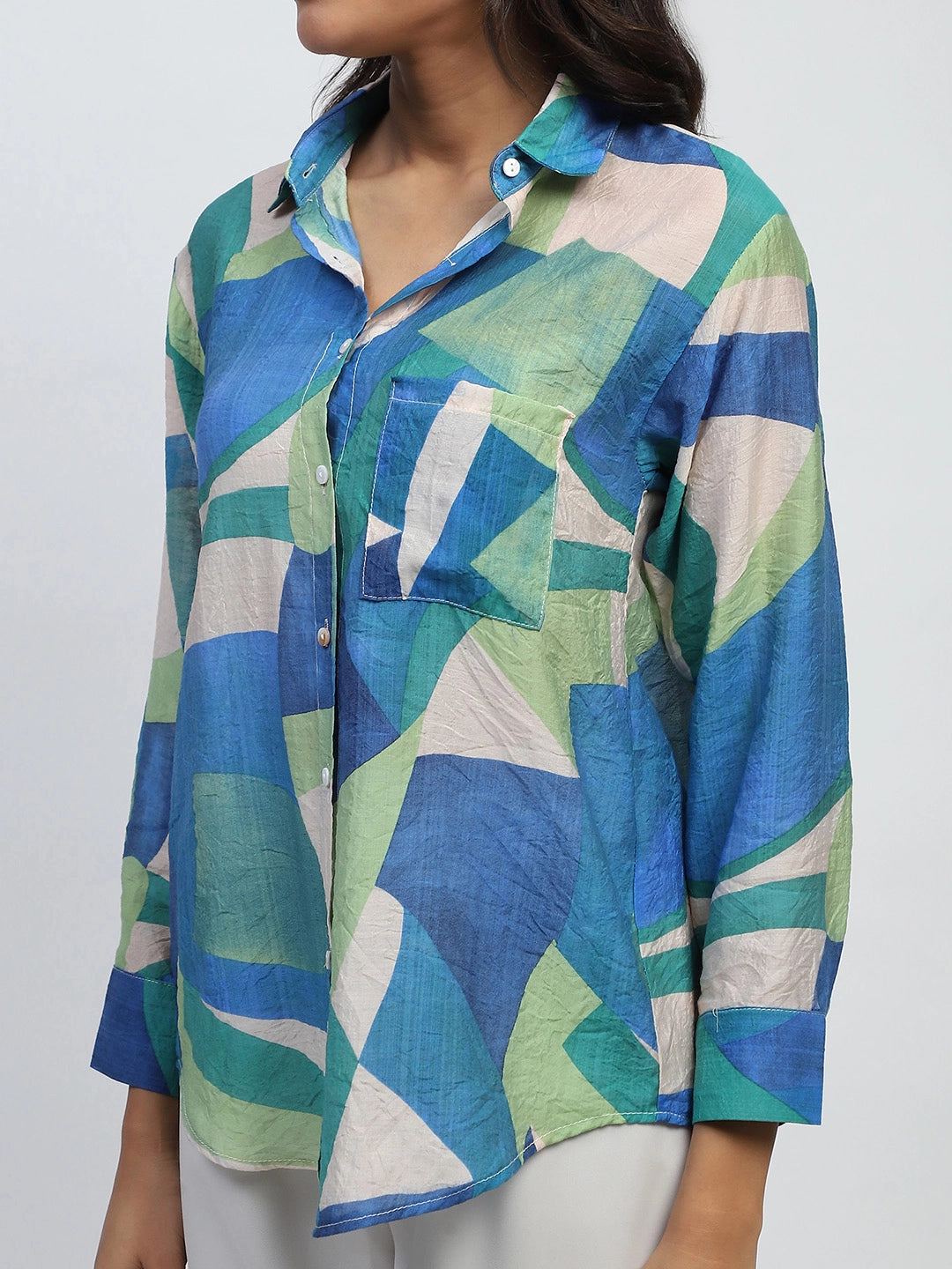 Multi-Blue Abstract Print Rayon Blend Relaxed Fit Shirt