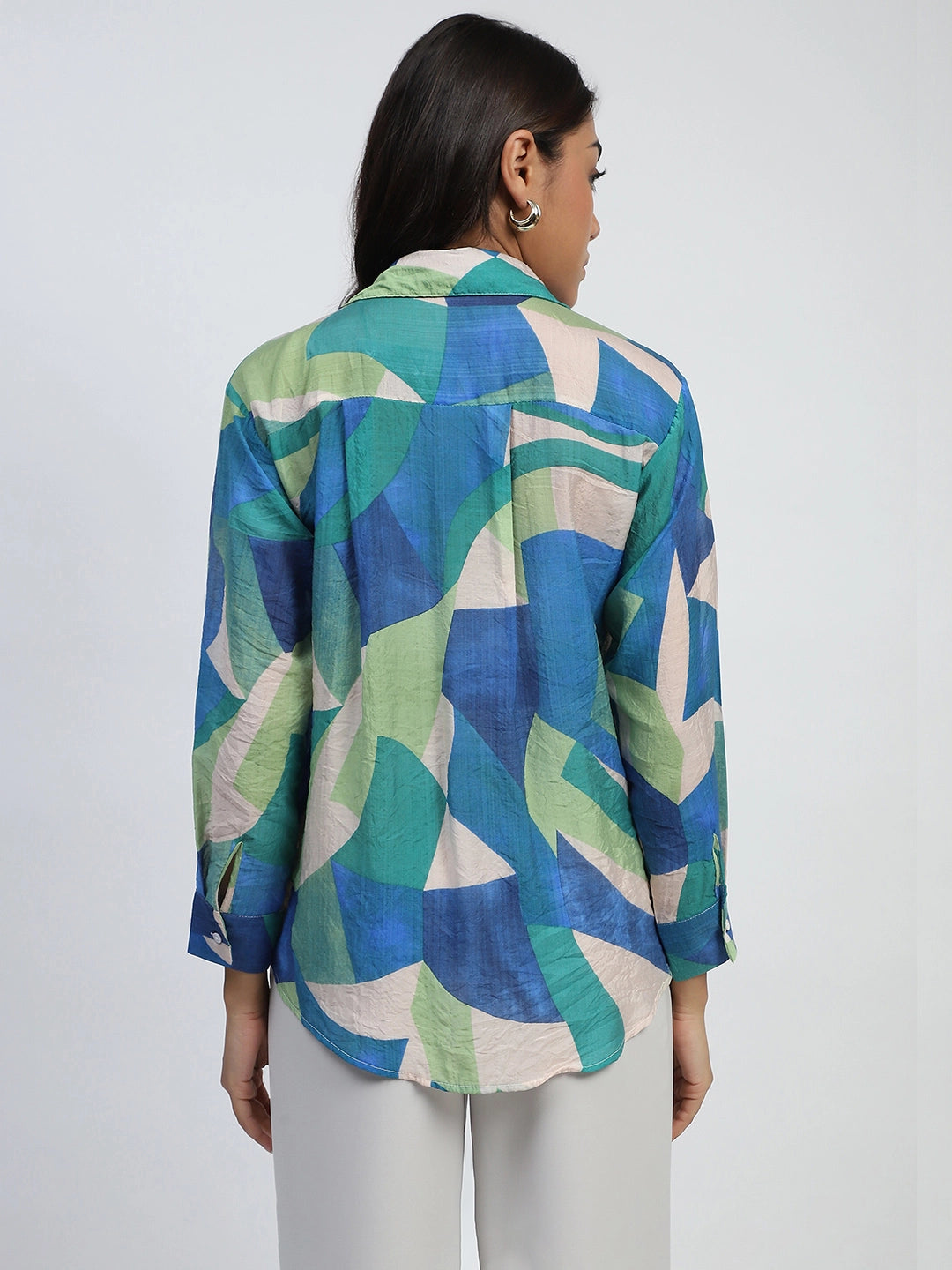 Multi-Blue Abstract Print Rayon Blend Relaxed Fit Shirt