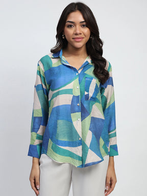 Multi-Blue Abstract Print Rayon Blend Relaxed Fit Shirt