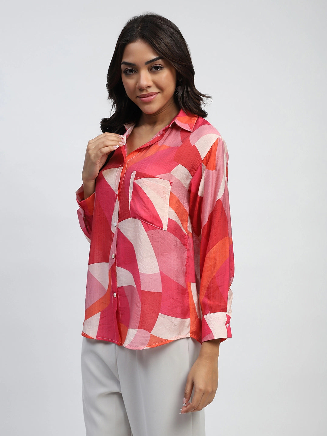 Multi-Red Abstract Print Rayon Blend Regular Fit Shirt