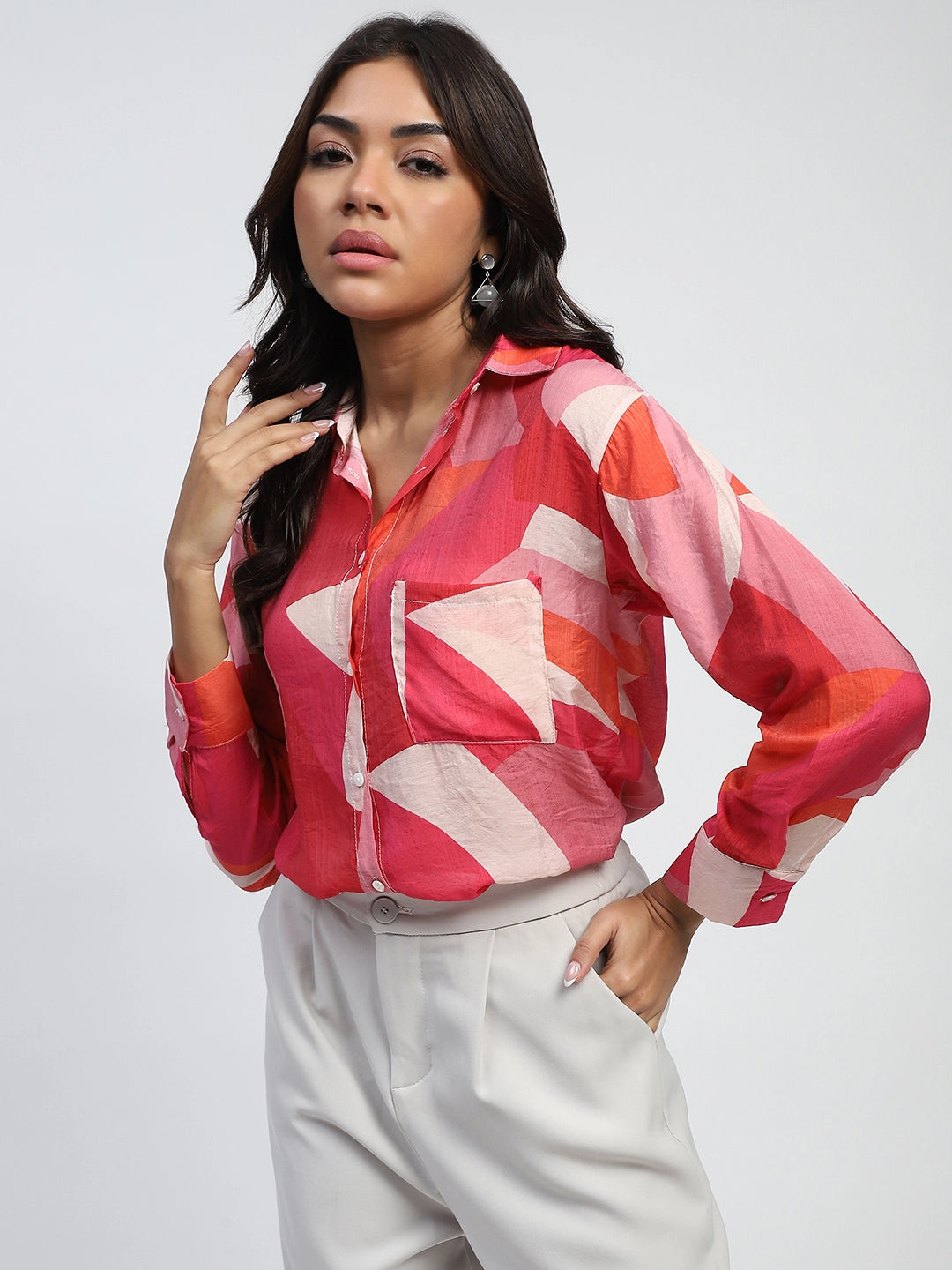 Multi-Red Abstract Print Rayon Blend Regular Fit Shirt