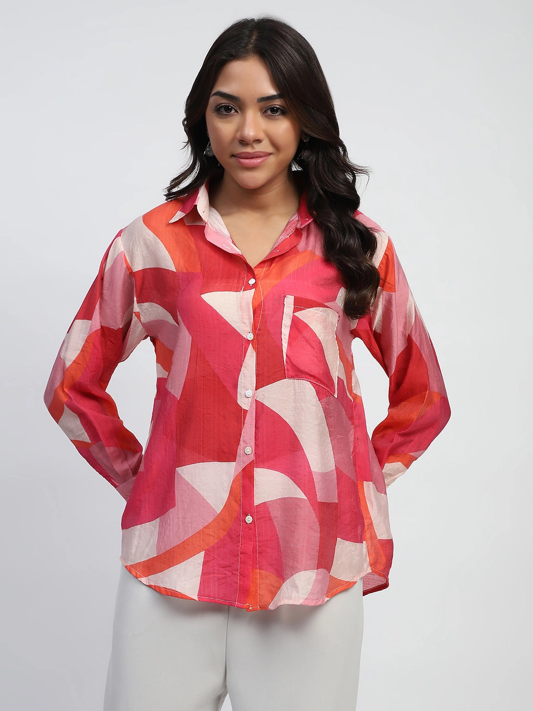 Multi-Red Abstract Print Rayon Blend Regular Fit Shirt