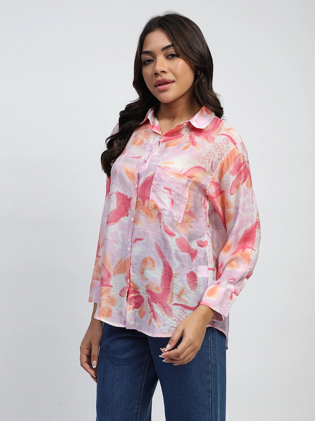 Pink And Orange Water Color Floral Print Rayon Blend Relaxed Fit Shirt