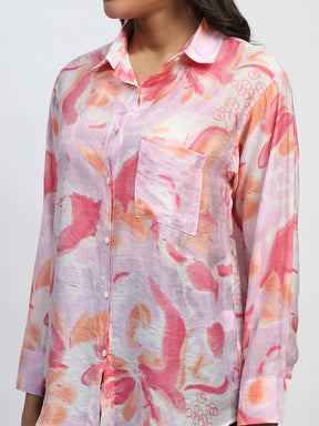 Pink And Orange Water Color Floral Print Rayon Blend Relaxed Fit Shirt