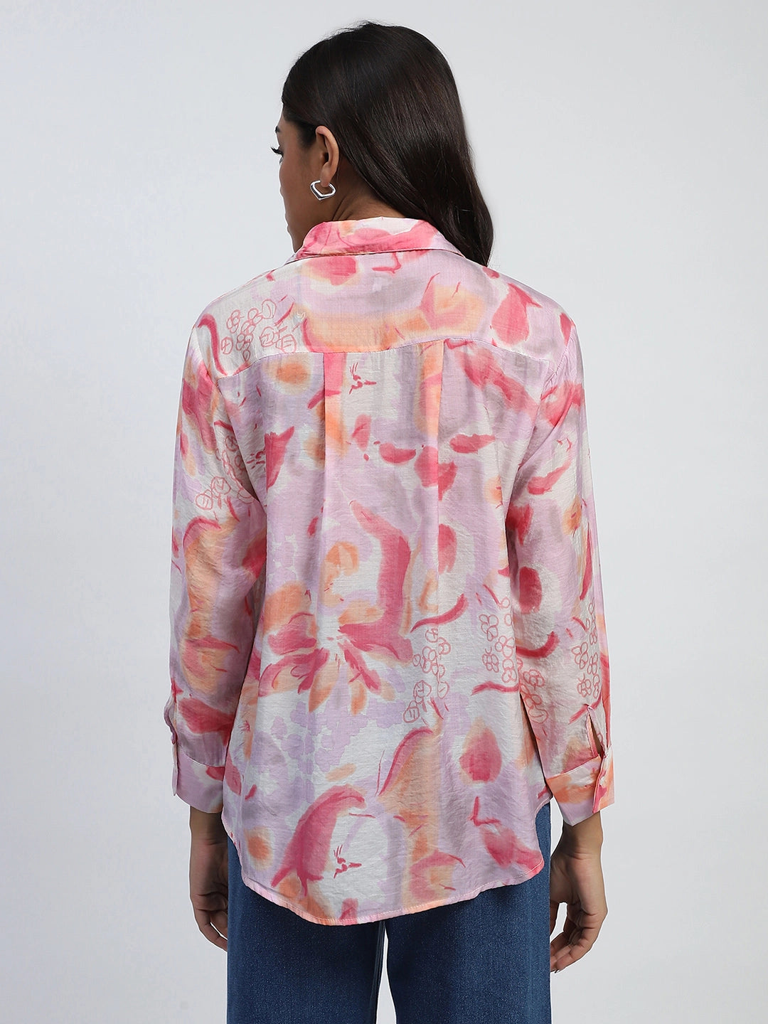 Pink And Orange Water Color Floral Print Rayon Blend Relaxed Fit Shirt