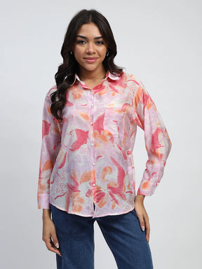 Pink And Orange Water Color Floral Print Rayon Blend Relaxed Fit Shirt