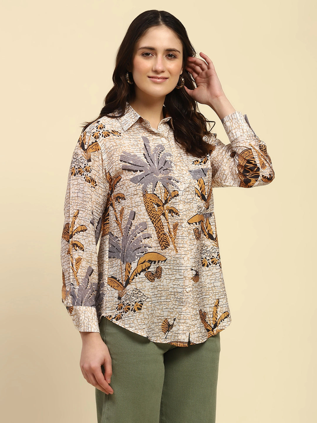 Brown Tropical Print Rayon Blend Relaxed Fit Shirt