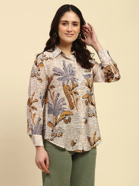 Orange Tropical Print Rayon Blend Relaxed Fit Shirt