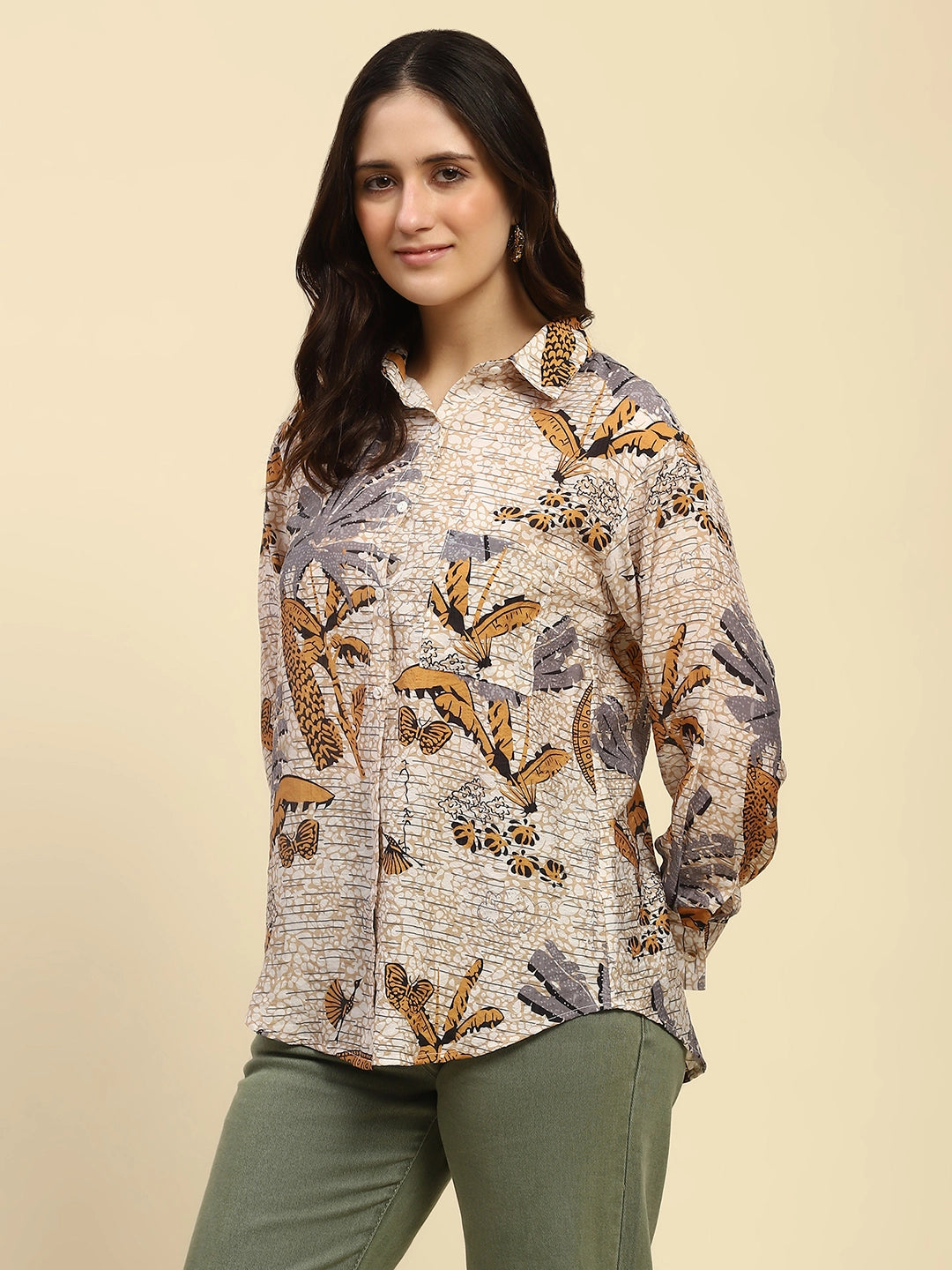 Orange Tropical Print Rayon Blend Relaxed Fit Shirt