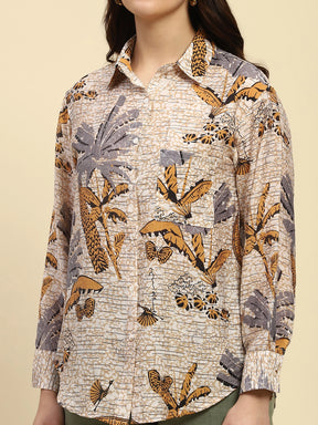 Orange Tropical Print Rayon Blend Relaxed Fit Shirt