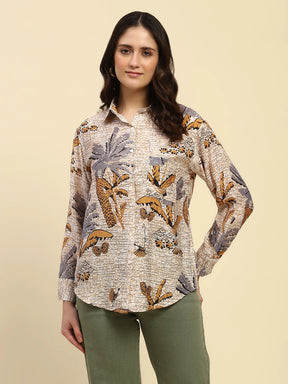 Orange Tropical Print Rayon Blend Relaxed Fit Shirt