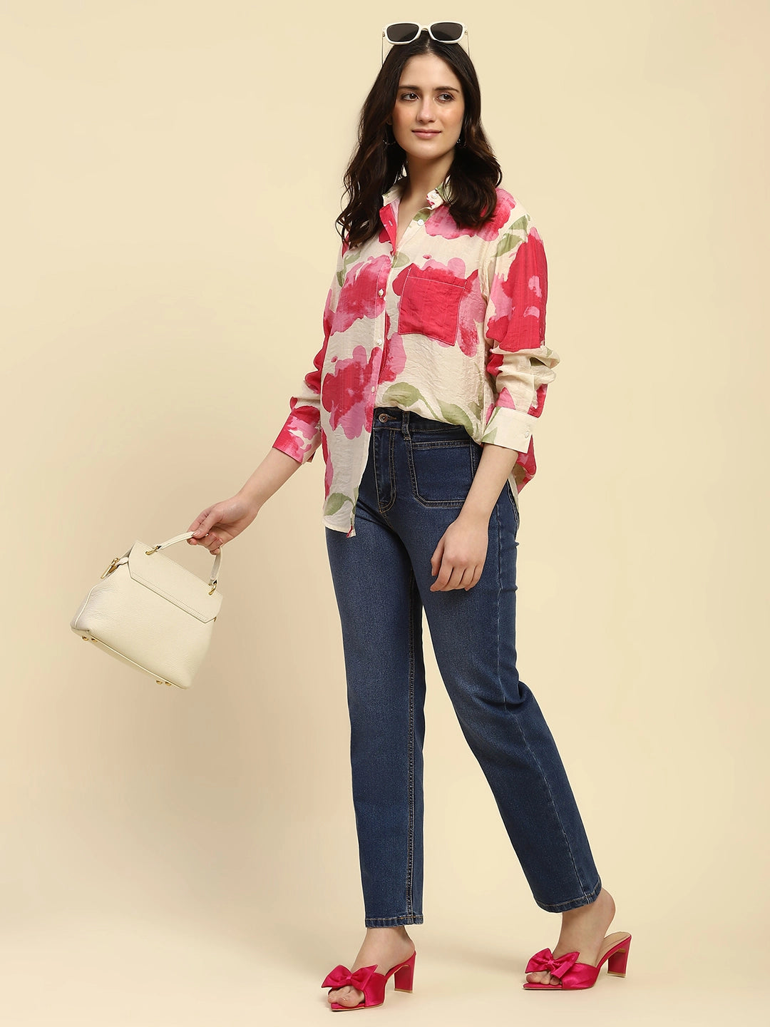 Pink Tropical Print Rayon Blend Relaxed Fit Shirt