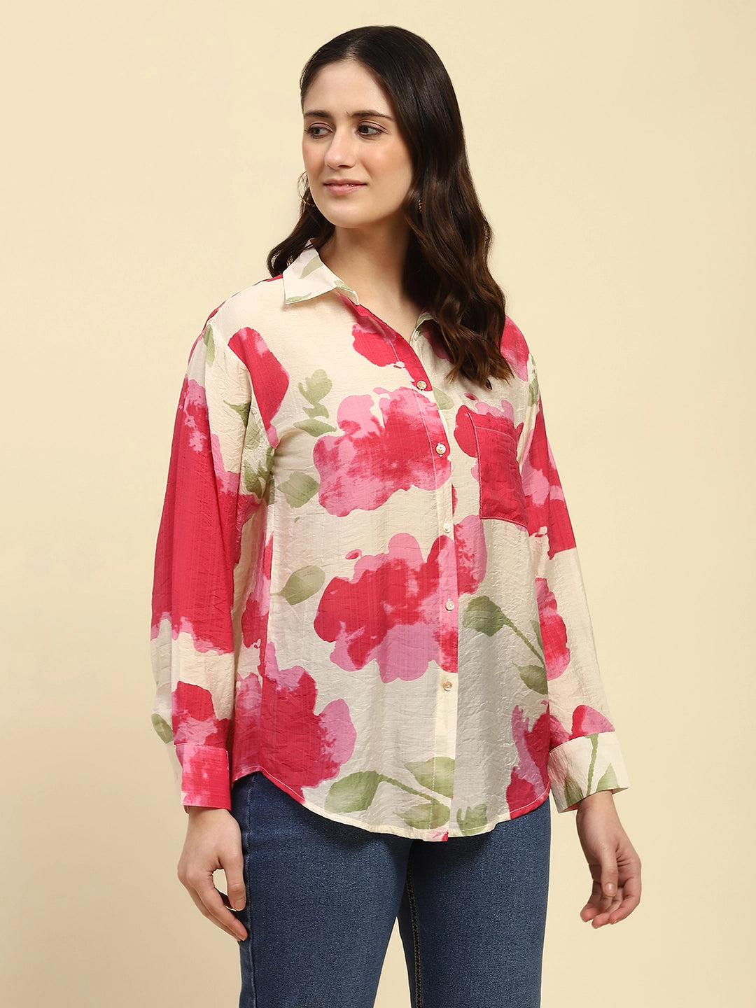 Pink Tropical Print Rayon Blend Relaxed Fit Shirt