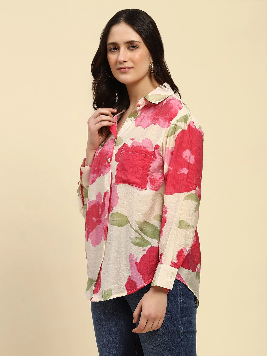 Pink Tropical Print Rayon Blend Relaxed Fit Shirt