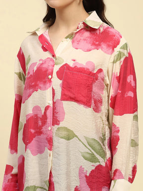 Pink Tropical Print Rayon Blend Relaxed Fit Shirt