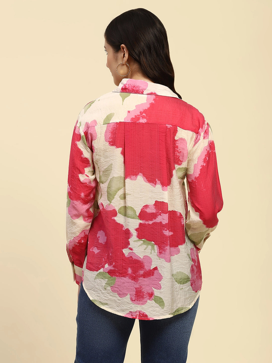 Pink Tropical Print Rayon Blend Relaxed Fit Shirt