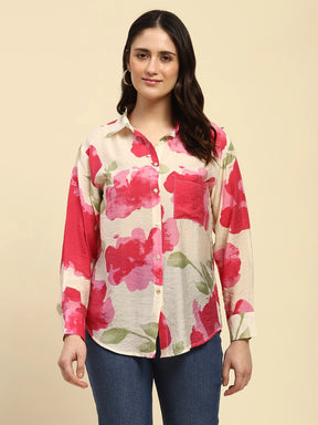 Pink Tropical Print Rayon Blend Relaxed Fit Shirt