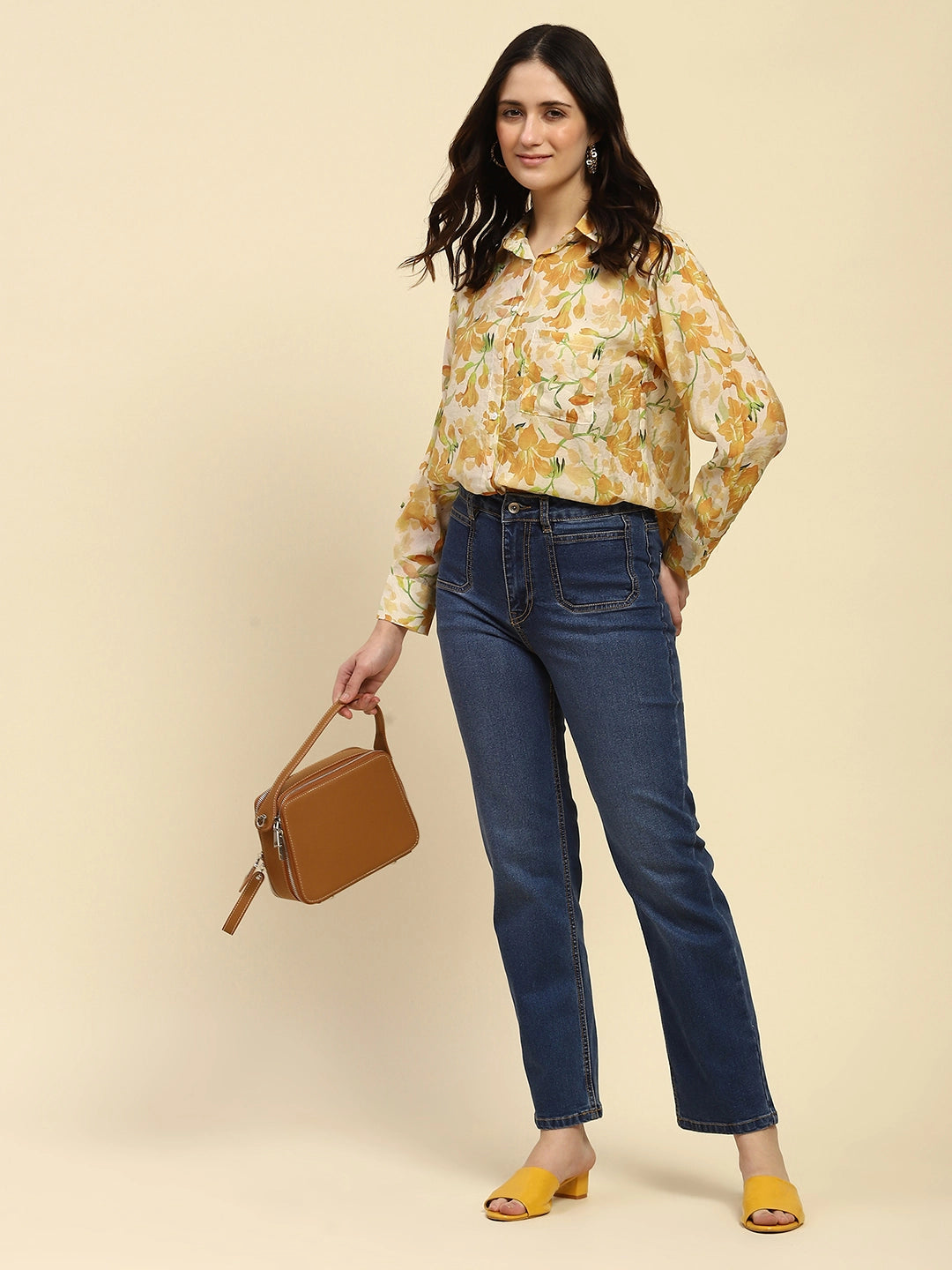 Yellow Floral Print Rayon Blend Shirt