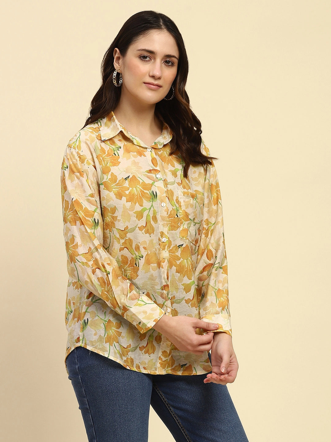 Yellow Floral Print Rayon Blend Shirt