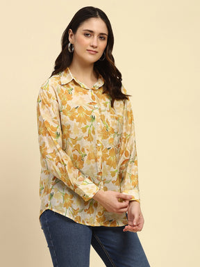 Yellow Tropical Print Rayon Blend Relaxed Fit Shirt