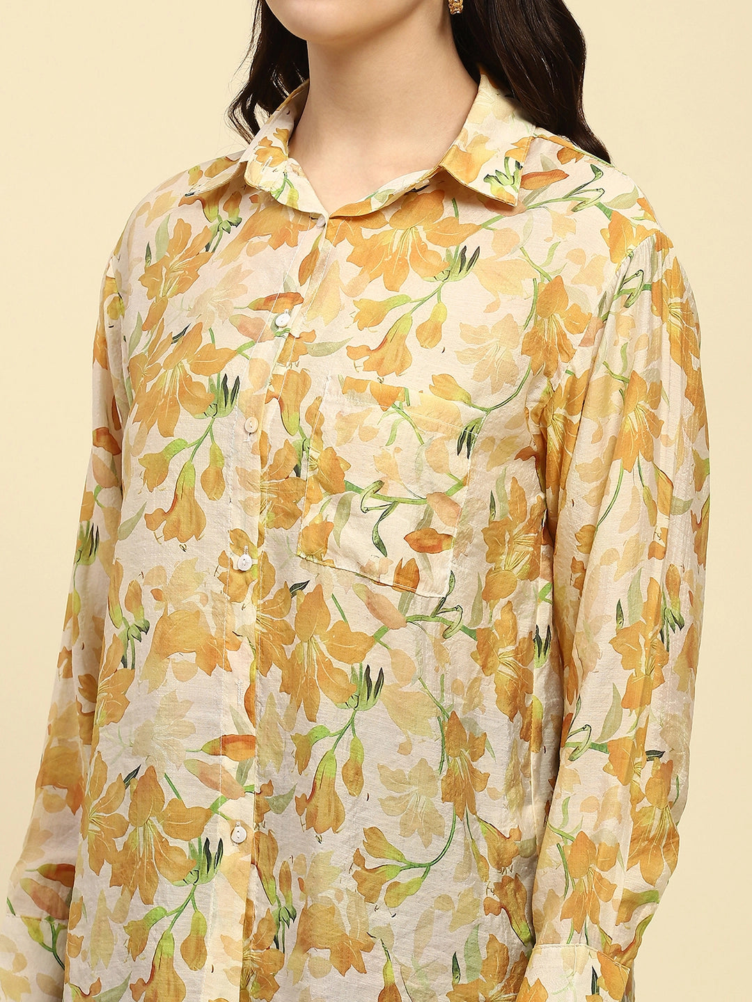 Yellow Tropical Print Rayon Blend Relaxed Fit Shirt