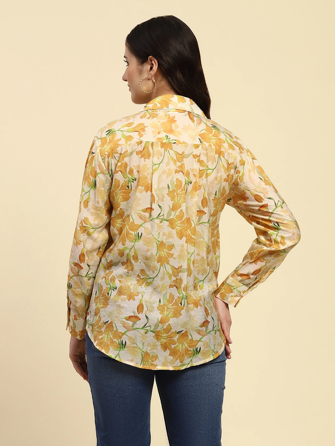 Yellow Tropical Print Rayon Blend Relaxed Fit Shirt