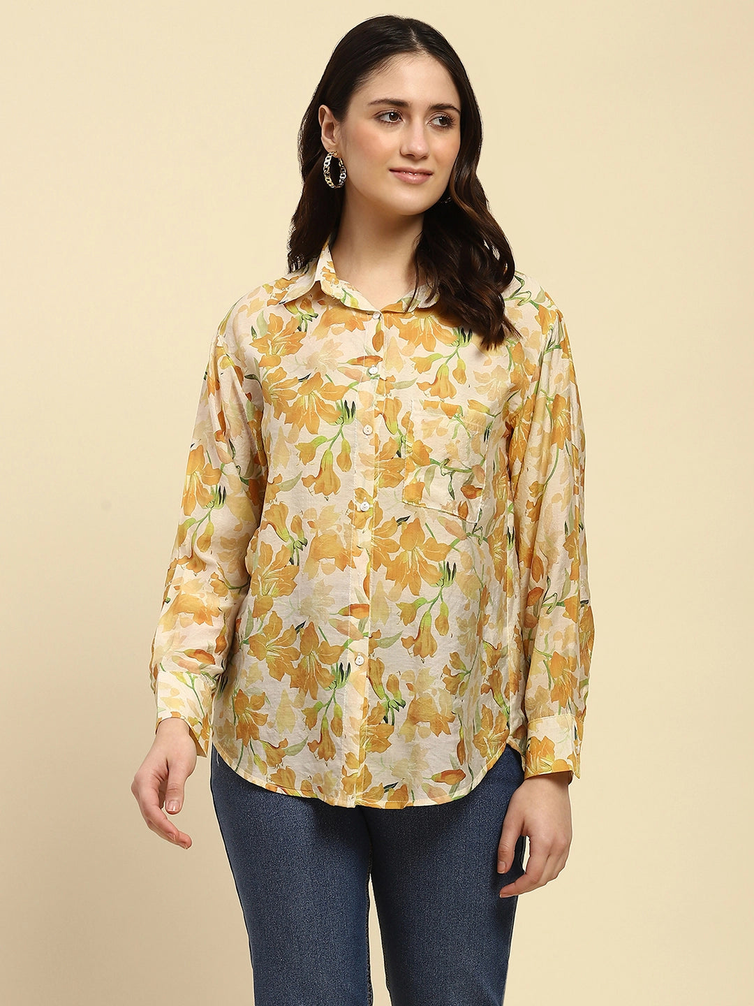 Yellow Tropical Print Rayon Blend Relaxed Fit Shirt