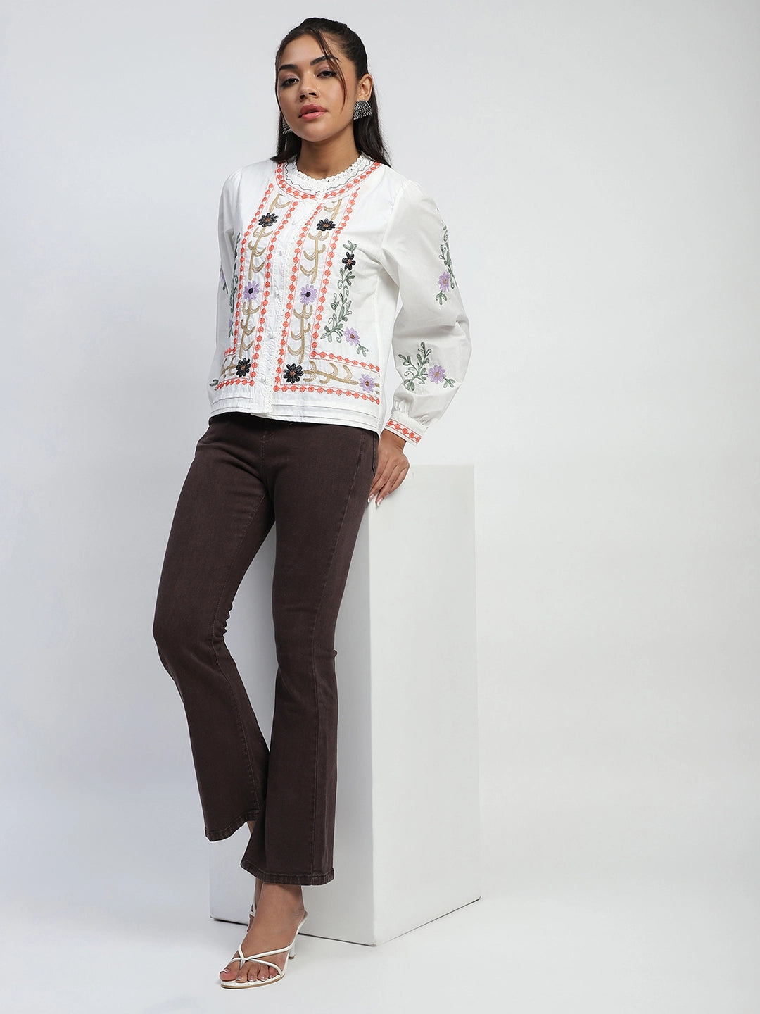 White Thread Embroidery Cotton Regular Fit Shirt