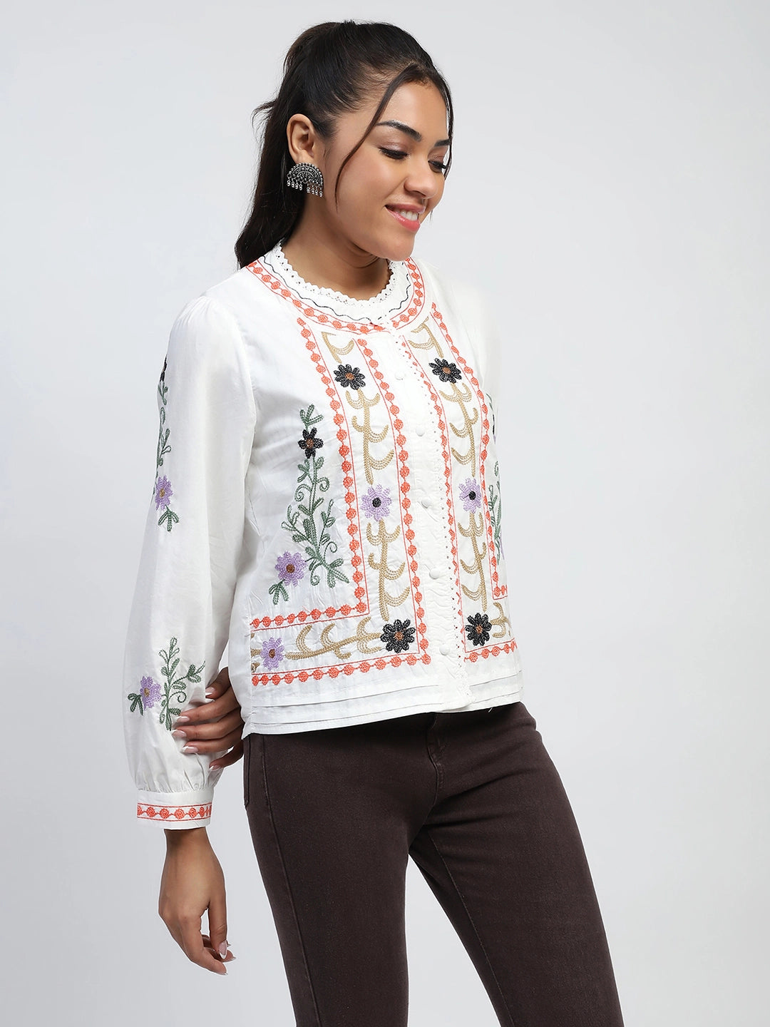 White Thread Embroidery Cotton Regular Fit Shirt